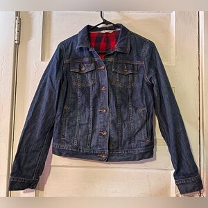 L.L. Bean Blue Denim Jacket with Red Plaid Lining, XXS
